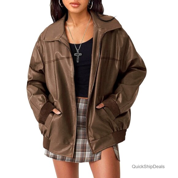 Jackets & Blazers - Faux Leather Oversized Motorcycle Bomber Jacket Women's Zip Up Vintage Y2K